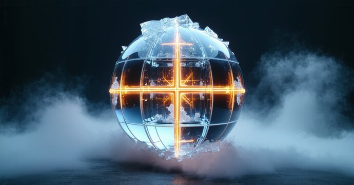 Glowing sphere cracks, emitting bright orange light. Smoke surrounds object, creating dramatic effect. Futuristic design, intense energy visible.