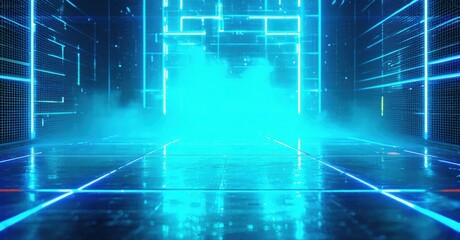 Fototapeta premium Futuristic space. Bright neon lines create tunnel effect. Blue light dominates, smoke fills central area. Minimalist design, digital aesthetic.