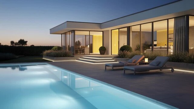 Modern luxury house with illuminated swimming pool and outdoor lounge chairs at dusk