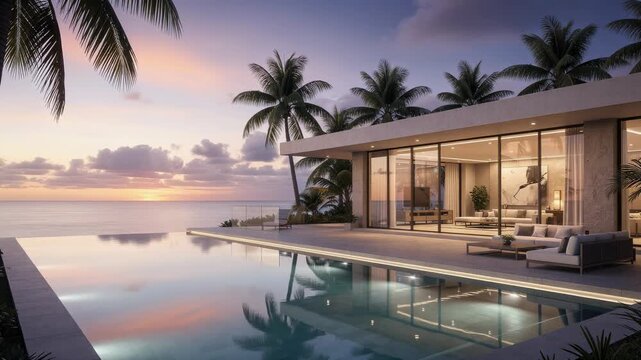 Luxury modern villa with infinity pool overlooking tropical sunset and ocean surrounded by palm trees