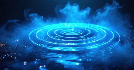 Fototapeta premium Glowing blue ripples emanate from water surface. Dark background enhances vibrant circular light patterns. Mysterious, futuristic feel.