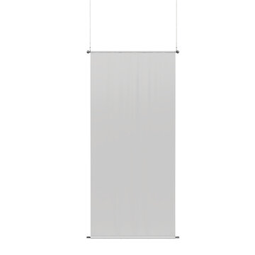 Blank 3D hanging roll-up banner mockup with fabric panel suspended by metal rod and cables signage mockup isolated. For advertising, branding, exhibition, retail and advertising display and corporate