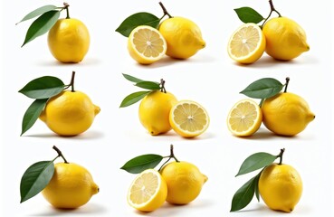 Obraz premium Several whole lemons and lemon halves with green leaves are set against a clean white background. These bright yellow citrus fruits look fresh and juicy, perfect for recipes or design.