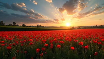 Vast poppy field under sunset sky. Red flowers bloom in summer. Golden hour light paints landscape. Sun sets over green hills horizon. Nature scenery offers peaceful mood.