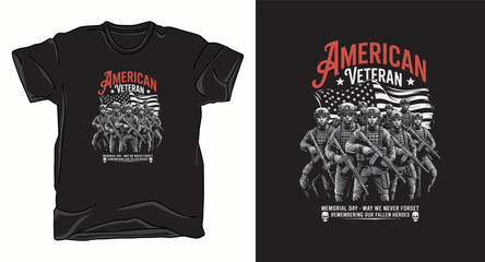 Obraz premium American veteran memorial day t-shirt design with soldiers, american flag, skull, remembrance text