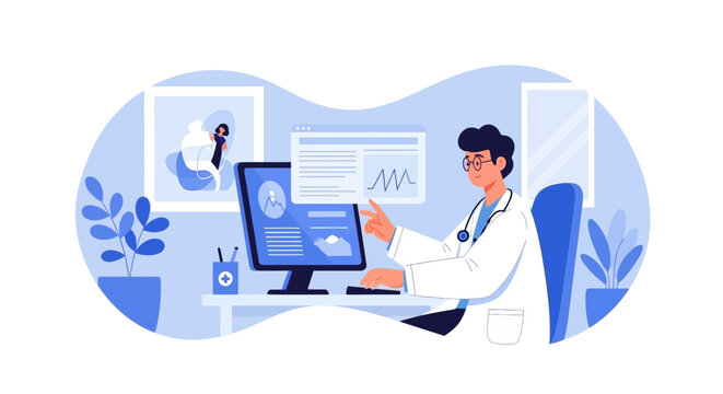 Doctor analyzing data on computer screen in medical office.