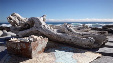Sun bleached driftwood sculpture resting on a map beside a weathered container on a sandy beach with ocean and blue sky in the background.
