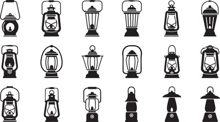 Vintage Oil Lantern Icons and Kerosene Lamp SilhouettesOld Fashioned Lantern Collection Silhouette VectorAntique Oil Lamp Set for Camping and Lighting