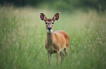 Young deer stands in tall green grass meadow looking towards camera. Animal has brown fur large ears. Wildlife scene during day in natural habitat.
