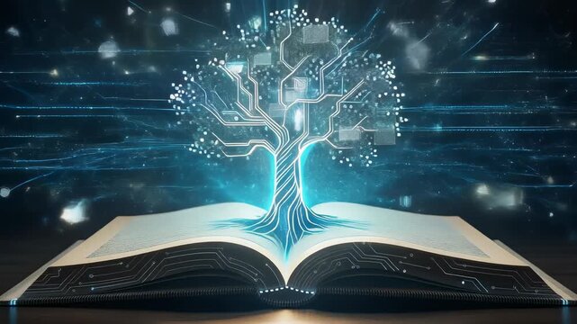 Open book with glowing digital tree symbolizing knowledge growth technology and innovation concept