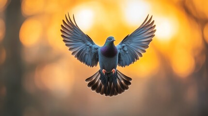 Fototapeta premium Majestic Pigeon in Flight with Wings Spread Against a Warm Golden Background
