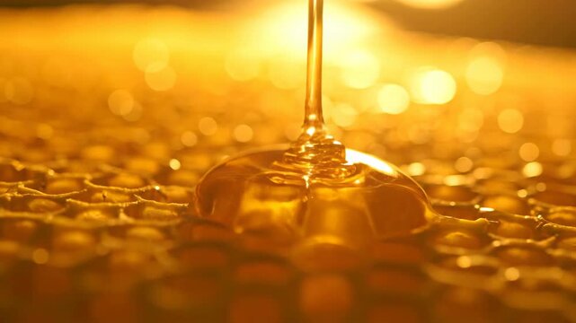Golden honey honeycomb close-up with bright light and bokeh, natural texture detail.