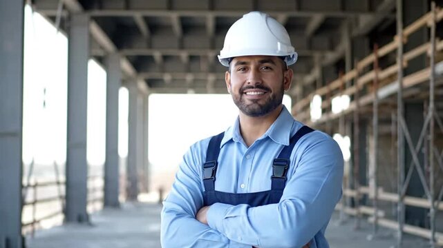 A smiling construction worker in a white hard hat and blue overalls with arms crossed