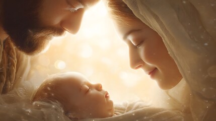 Fototapeta premium Sacred Family: An illuminated image of a tender moment. A serene, tender scene unfolds as a couple looks down upon their sleeping child. The image evokes a sense of peace, faith and purity. 