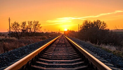 Obraz premium A long perspective of the steel railway tracks stretching toward the horizon under a golden sunset sky creates a scenic landscape for a tranquil travel journey along the iron rail path