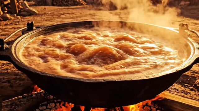 Large pot of boiling stew cooking over a wood fire in an outdoor rustic setting with sunlit background