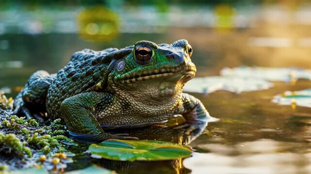 Close-up of a large green toad croaking and puffing its throat in a tranquil pond at sunset