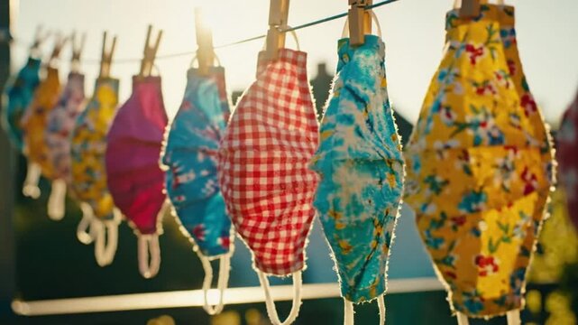 Colorful Face Masks Hanging on a Clothesline in the Sunlight During Summer to Dry