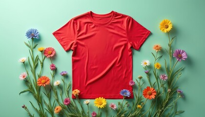 Obraz na płótnie Canvas Bright red t-shirt laid flat on mint green surface with colorful wildflowers around. Fresh, vibrant design and natural styling perfect for summer or spring apparel promotion.