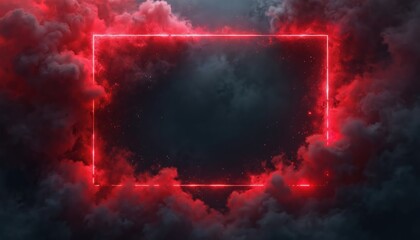 Fototapeta premium Abstract red neon rectangle frame surrounded by dark smoky clouds and glowing dust particles. Modern futuristic digital art for design background.