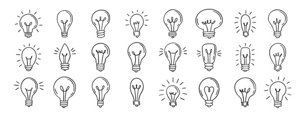 Light bulb outline icons set collection doodle hand drawn icon. Line art lamp clipart symbol. © Yanka