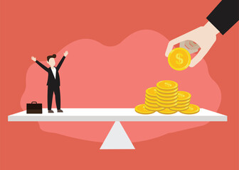 Financial Balance Concept Illustration with Businessman and Gold Coins. Stock Illustration