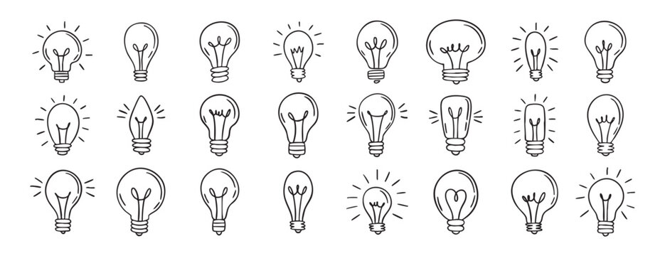 Light bulb outline icons set collection doodle hand drawn icon. Line art lamp clipart symbol.