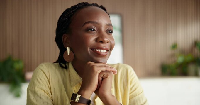 Happy, business and thinking with black woman in office for reflection, real estate and property plan. Realtor, vision or ideas for building design, resale opportunity and listing solution of auction