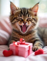 Tabby kitten yawns with open mouth near pink gift box and red hearts. Cute pet lies on soft bed, resting during day. Domestic cat enjoys comfort, cozy home atmosphere, adorable animal face.