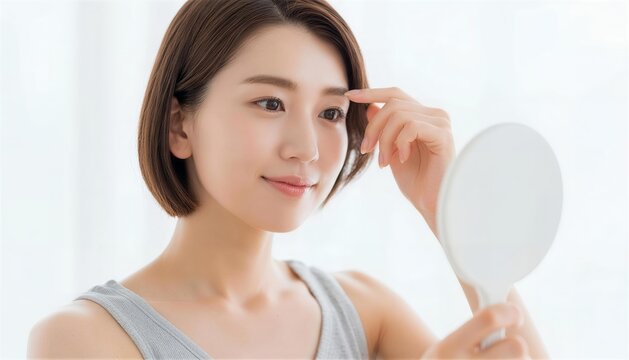 手鏡を持ち眉の状態をチェックする若い女性