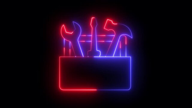 Glowing neon toolbox icon isolated on black background. wrench, screwdriver and hammer icon animation for service industry projects. toolbox icon for maintenance service. 4k video animation.