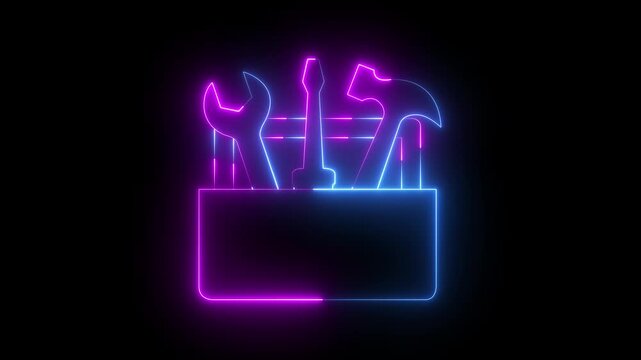 Glowing neon toolbox icon isolated on black background. wrench, screwdriver and hammer icon animation for service industry projects. toolbox icon for maintenance service. 4k video animation.