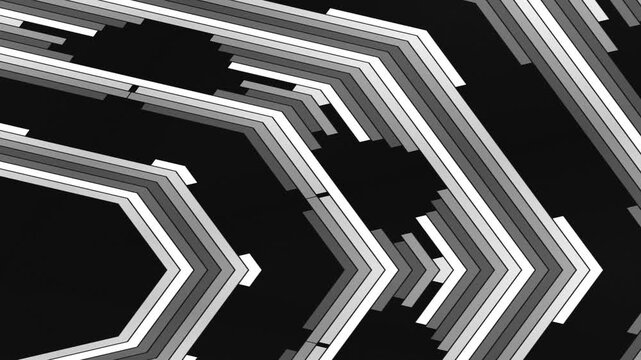 Geometric pattern of grayscale octagons and layered lines on a dark background