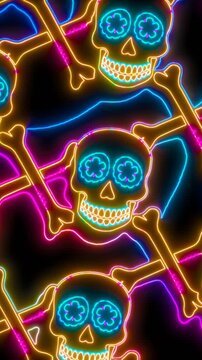 Seamless vertical video of a kaleidoscopic mosaic of mexican skulls with neon glow. Funny Halloween background with fluorescent effect for parties and events.