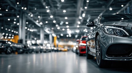 Luxury cars in a modern showroom with professional lighting and glossy surfaces. Automotive-themed banner