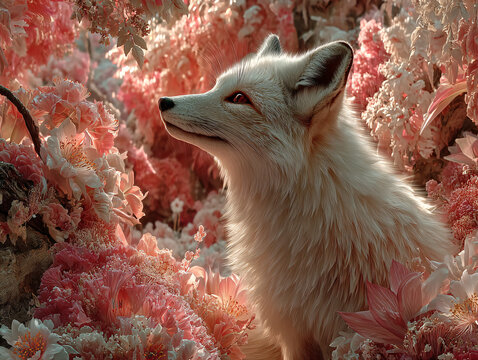A white nine-tailed kitsune with red eyes sits amidst vibrant pink cherry blossoms and foliage, gazing upward.