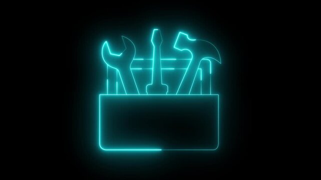 Glowing neon toolbox icon isolated on black background. wrench, screwdriver and hammer icon animation for service industry projects. toolbox icon for maintenance service. 4k video animation.