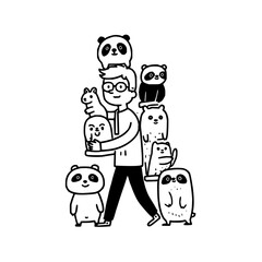 Fototapeta premium Man surrounded by adorable pandas cute animals stacked around him in playful scene