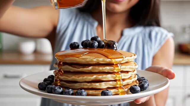 Close-up of syrup being poured on a stack of pancakes with blueberries on a white plate