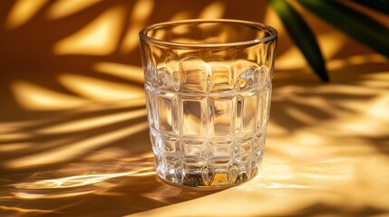 Clear Glass of Water with Palm Leaf Shadows and Sunlight Refractions