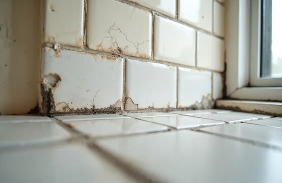 Damaged white wall tiles show poor workmanship. Grout is missing, cracked, and stained. Plaster shows decay near window frame. Home improvement failure.