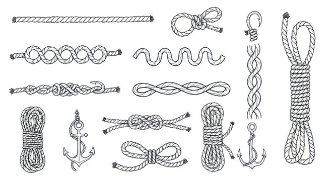 Nautical Knots and Rope Illustrations: Anchor, Bowline, Figure Eight, Coil