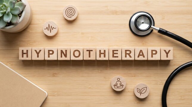 Wooden cubes spelling 'Hypnotherapy' on desk