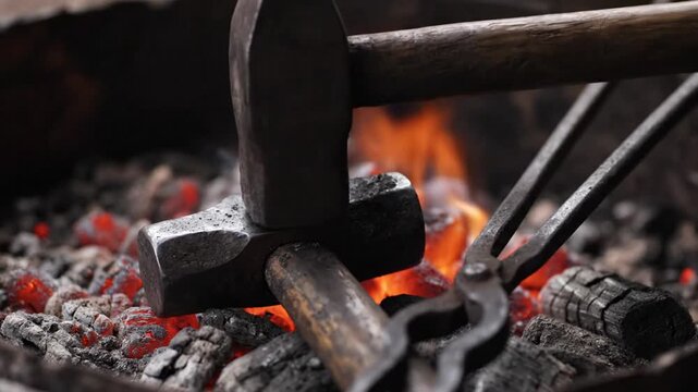 Blacksmith shaping metal with hammer on anvil inside a heated forge with glowing embers