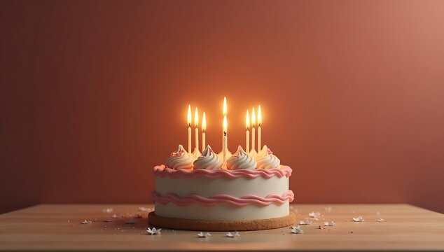 A Delicious Birthday Cake with Lit Candles on a Wooden Table.