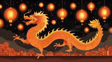 Fototapeta premium Dragon and Lanterns Festival: A magnificent golden dragon dances through a festive night illuminated by a cascade of vibrant lanterns, celebrating tradition and good fortune.