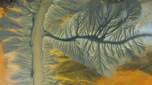  Aerial view of AMD acid mine drainage polluted waters. Natural pattern. Environmental pollution