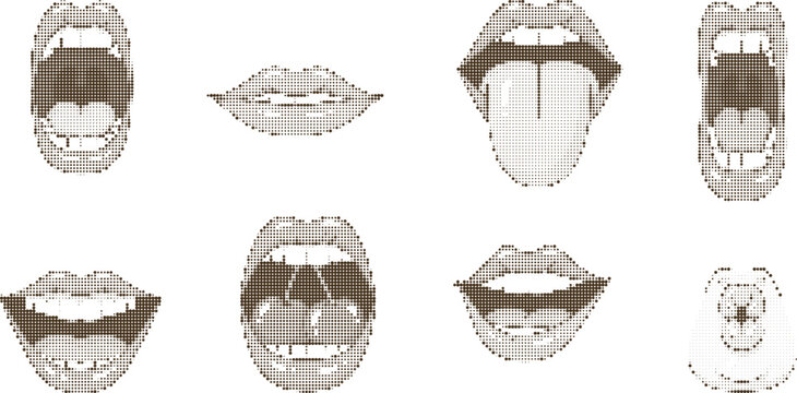 Retro pixel art mouths parts open in various expressions, set against a white background.