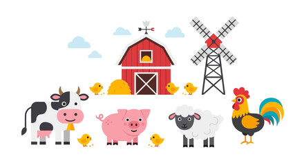Farm animals and a red barn with a windmill standing together in a rural landscape viewed from the front © Avra