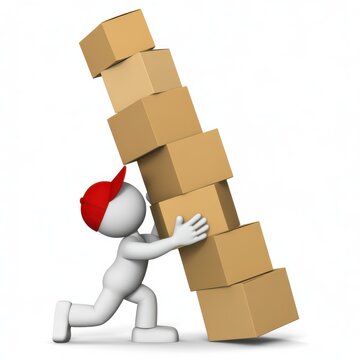 3d character struggling to carry a tall stack of cardboard shipping boxes difficult task